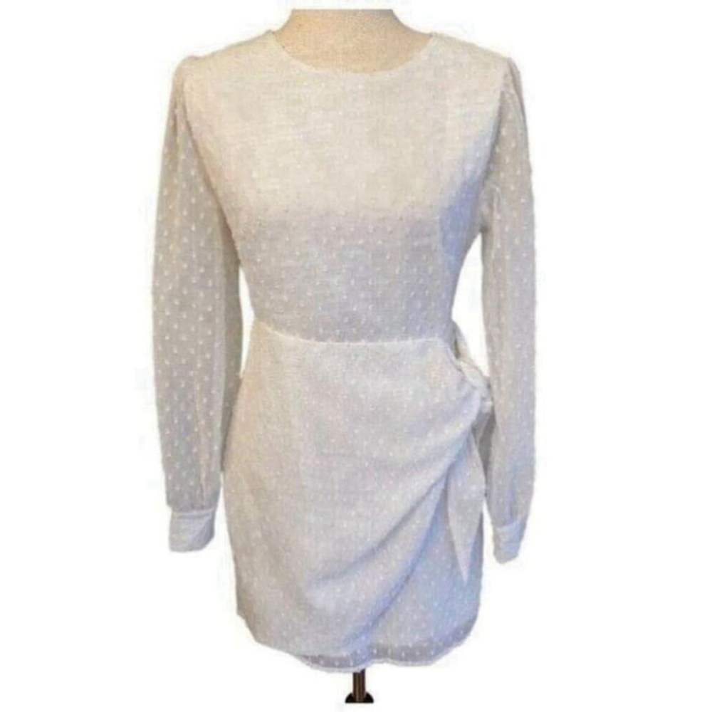 Lulus Much Love White Swiss Dot Long Sleeve Tie-Front Mini Dress Size Small - Picture 2 of 10